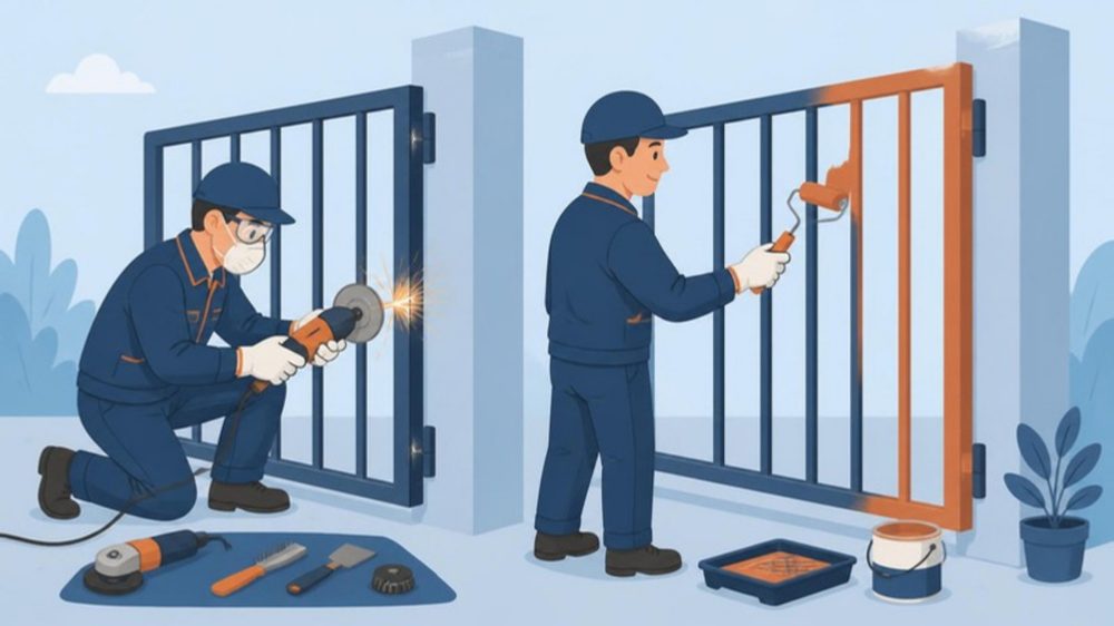 용접 자리를 다듬고 방청 도료를 바르는 기술자