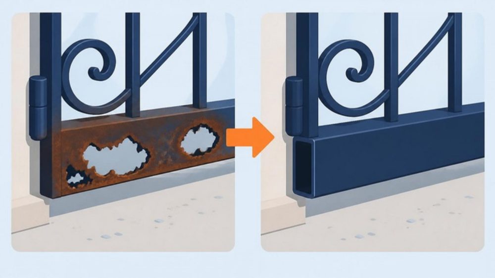 부식되어 구멍 난 문 하부가 새 각파이프로 바뀐 전후 그림