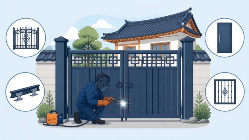 대문 경첩을 용접하는 기술자와 주물·슬라이딩·현관문·방범창 아이콘
